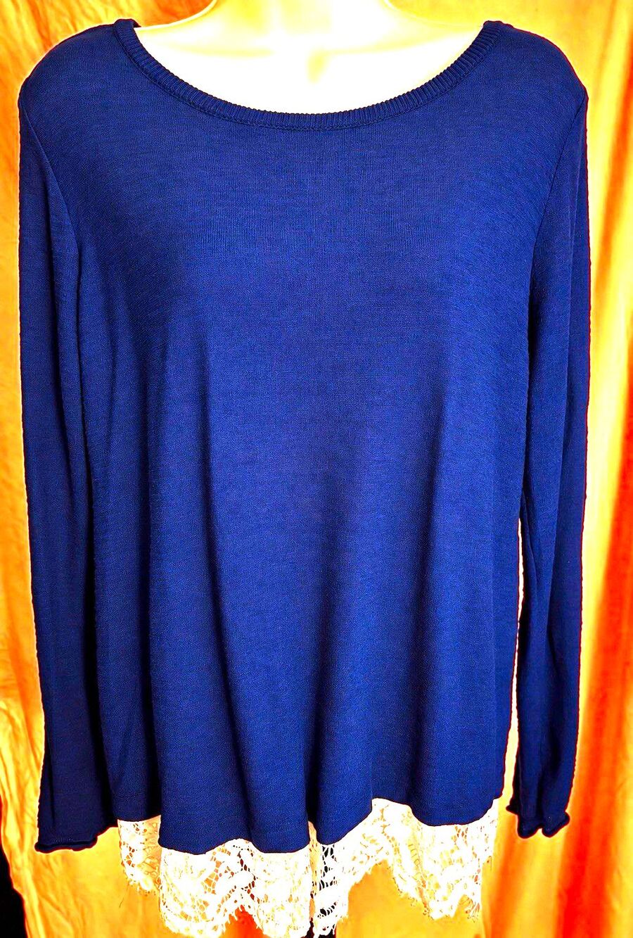 New Directions XL Navy Blue Lace Hem Open Back Long Sleeve Sweater Top